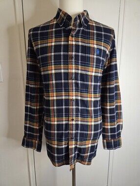 U.S. Polo Assn. Navy Plaid Button-Down Shirt with Orange & Yellow Stripes